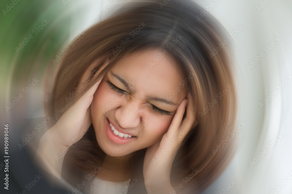 sick stressed dizzy woman suffering from vertigo, dizziness, headache sick stressed dizzy woman suffering from vertigo, dizziness, headache