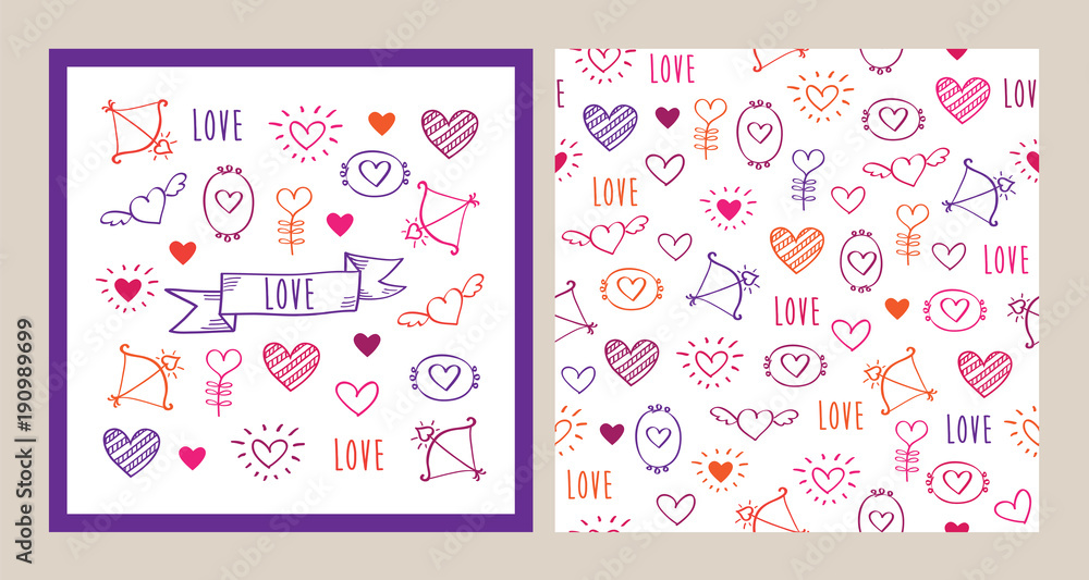 Set of greeting card and seamless pattern with hand drawn elements for Valentine's Day, mother's day, birthday, wedding. Vector.