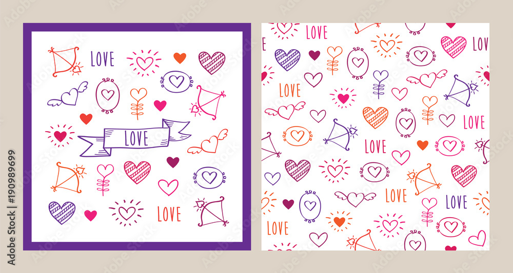 Set of greeting card and seamless pattern with hand drawn elements for Valentine's Day, mother's day, birthday, wedding. Vector. Set of greeting card and seamless pattern with hand drawn elements for Valentine's Day, mother's day, birthday, wedding. Vector.