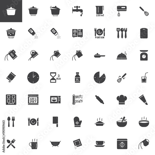 Cooking instructions vector icons set, modern solid symbol collection, filled style pictogram pack. Signs, logo illustration. Set includes icons as cooking utensils, pan, pot, stove, kettle, oven
