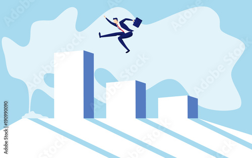 concept of business financial success. Businessman jumping on raising the graph celebrating their success.