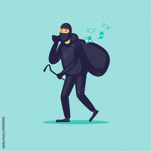 Thief carries a bag of money. Flat design vector illustration.