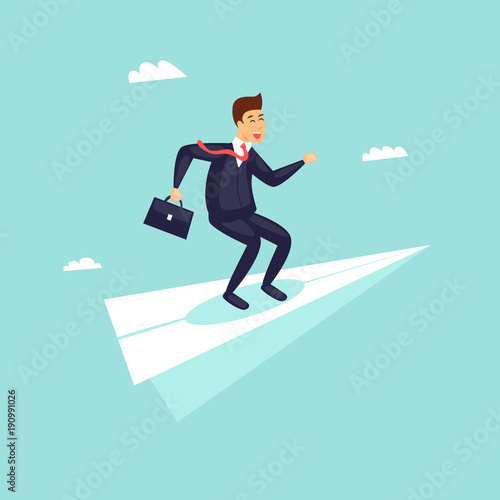 Success in business, businessman on an airplane flies upwards. Flat design vector illustration.