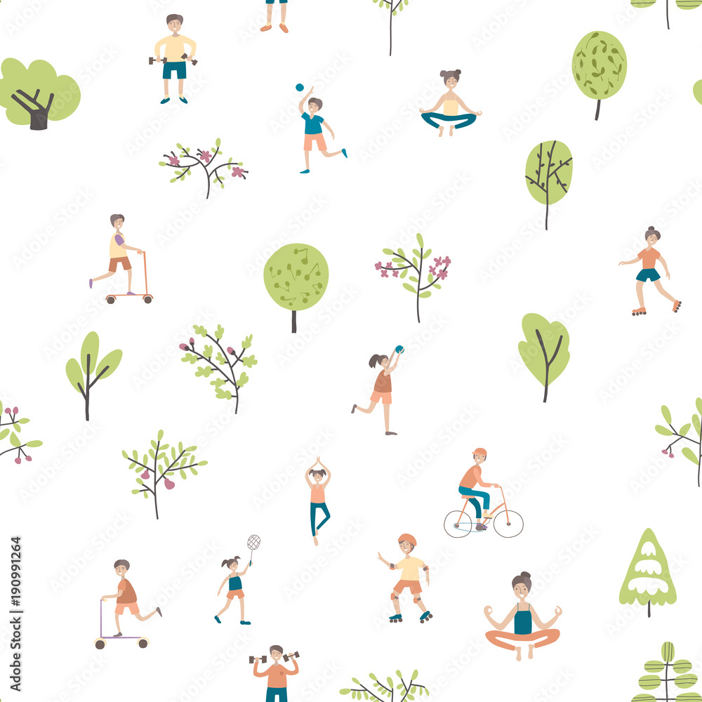 Fototapeta premium Active lifestyle, sports entertainment outdoors. Young people in city park among the trees. Seamless pattern, vector background illustration on white.