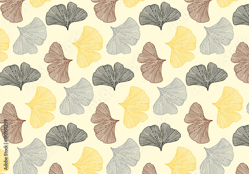 Hand drawn ginkgo leaves vector pattern in black, red, yellow and colors palette on a yellow background