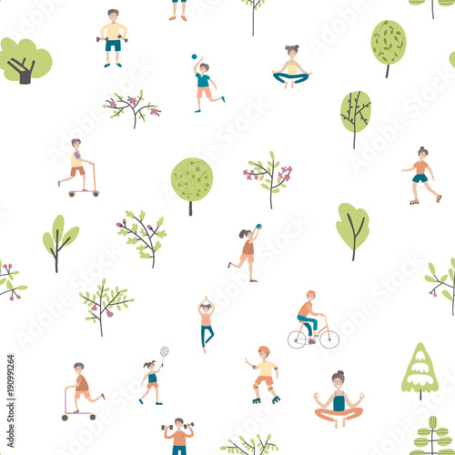 Active lifestyle, sports entertainment outdoors. Young people in city park among the trees. Seamless pattern, vector background illustration on white.