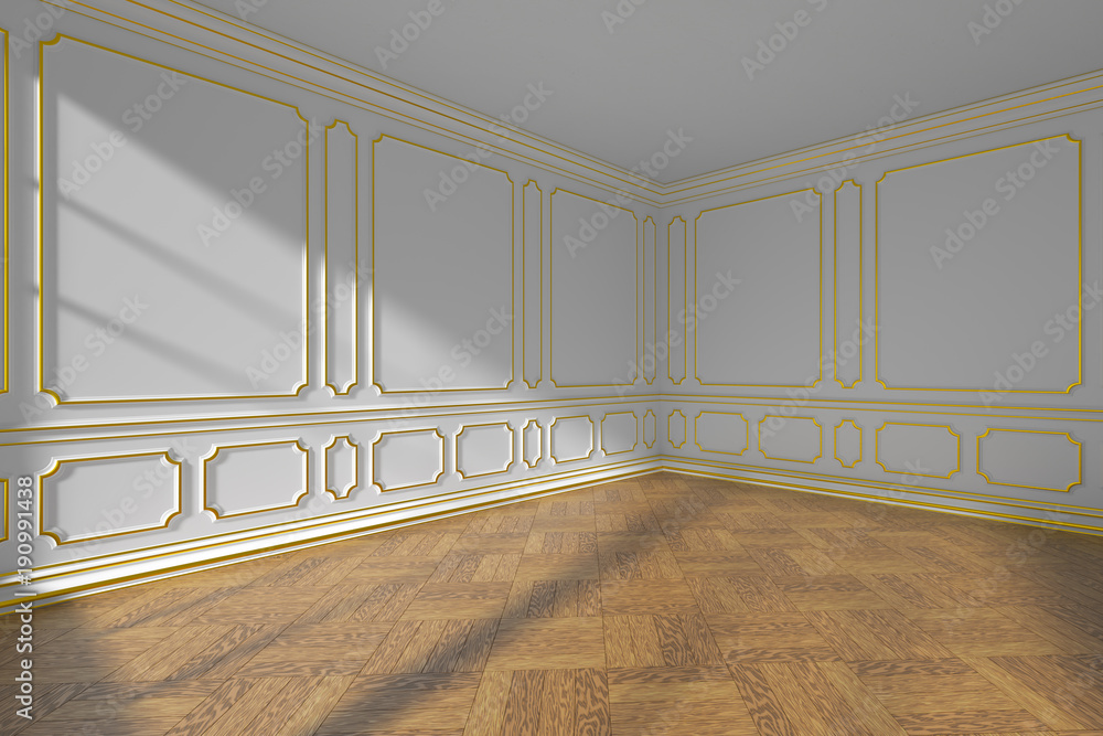 White empty room with gold molding and parquet, wide angle Stock ...