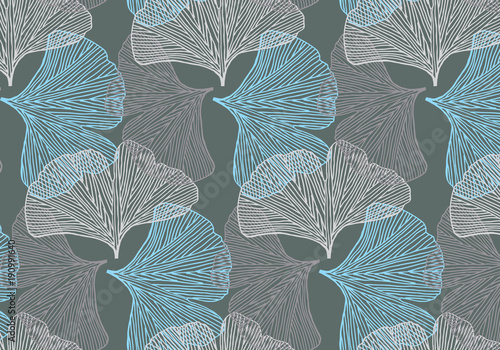 Hand drawn ginkgo leaves vector pattern in blue and gray colors palette