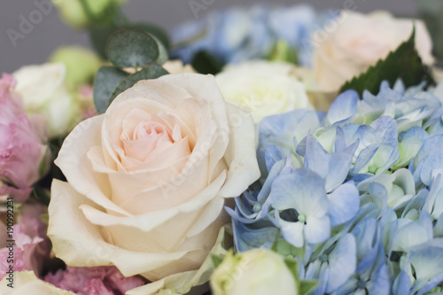 The elegant bouquet of roses and hydrangea background