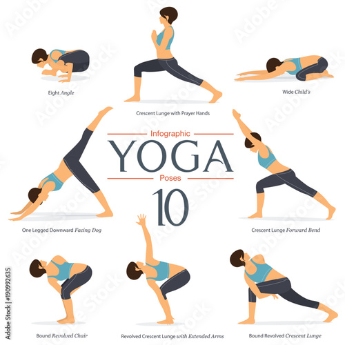 Set of 8 yoga poses in flat design . Woman figures exercise in blue sportswear and black yoga pant for yoga infographics. Vector Illustration.