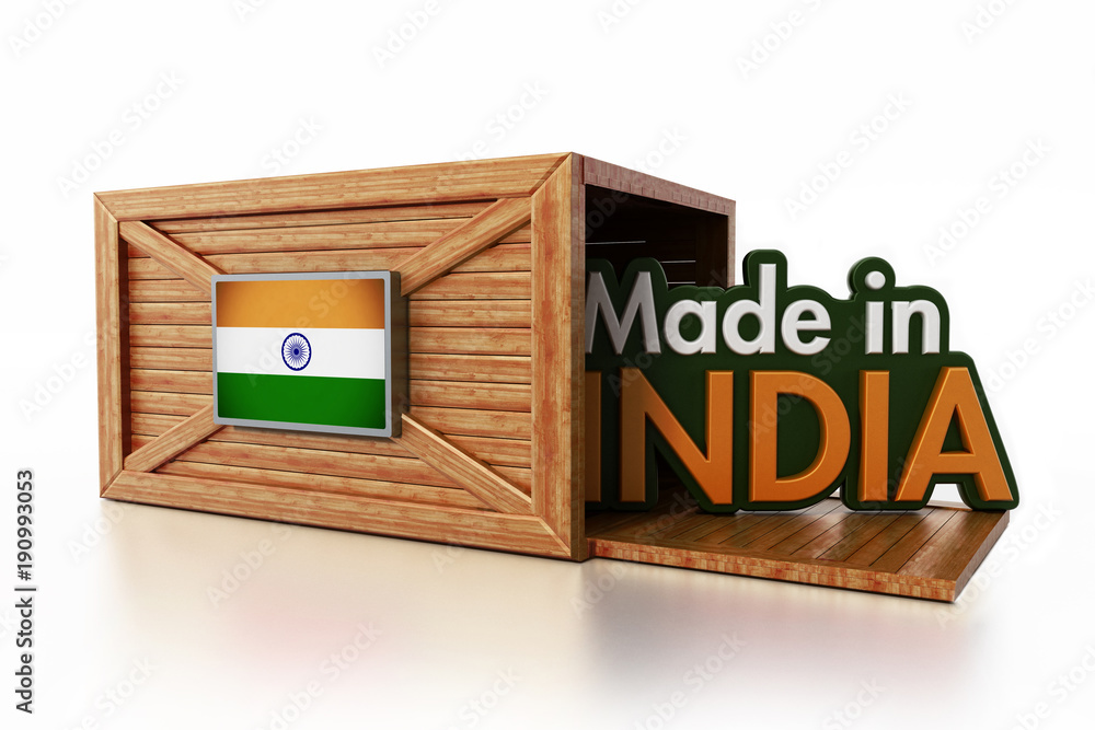 Made in India text inside cargo box with Indian flag. 3D illustration Made in India text inside cargo box with Indian flag. 3D illustration