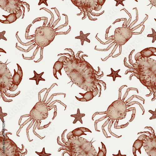 Vector seafood seamless pattern with crabs and seastars. Retro lillustration. Hand drawing sketch seafood. Can be use for restaurant menu, kitchen design, paper, wrapping, fabrics.