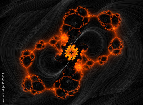 Orange sparkling fractal design on black background, abstract energy texture