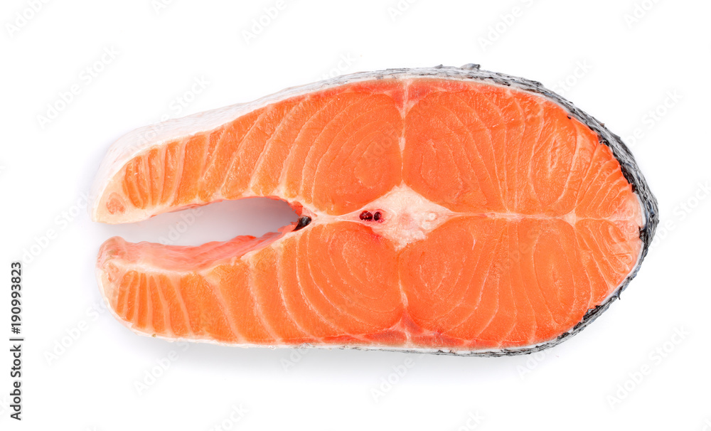 Slice of red fish salmon isolated on white background. Top view