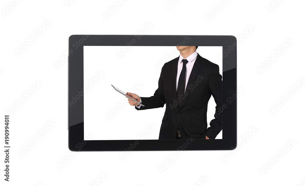Business man holding a touch screen pad isolated on a white background. Social concept. Business man holding a touch screen pad isolated on a white background. Social concept.