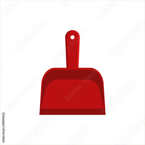 Flat red dustpan icon logo isolated on white background. Clean object - scoop for cleaning dust and debris, household equipment tool. Cleaning service vector stock illustration, housekeeping cleanness