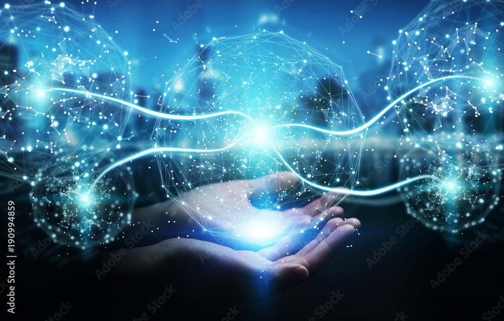 Businessman using digital network connection sphere 3D rendering Businessman using digital network connection sphere 3D rendering
