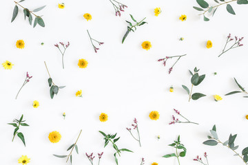 Flowers composition. Round frame made of yellow and pink flowers, eucalyptus branches on white background. Flat lay, top view, copy space