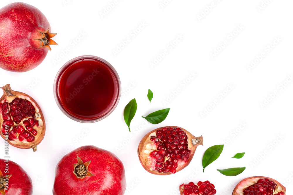 pomegranate juice with fresh pomegranate fruits isolated on white background with copy space for your text. Top view pomegranate juice with fresh pomegranate fruits isolated on white background with copy space for your text. Top view