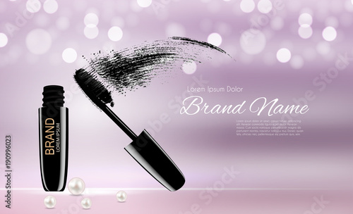 Fashion Design Makeup Cosmetics Product  Template for Ads or Magazine Background.  Mascara Product Series Reportv 3D Realistic Vector Iillustration