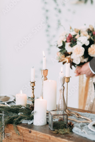 Wedding photo shoot with a reindeer in the Scandinavian and European style, in the Studio and outdoors, with the printing and decoration of pine needles