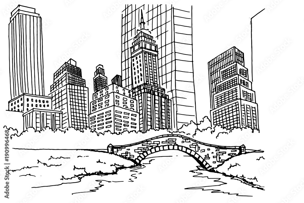 Hand drawn sketch of Central park in New York city. vector de Stock