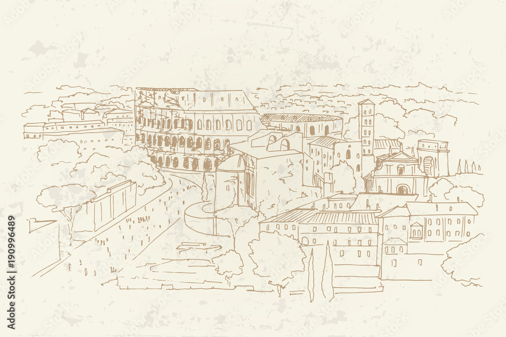 Vector sketch of The Coliseum or Flavian Amphitheatre, Rome, Italy.