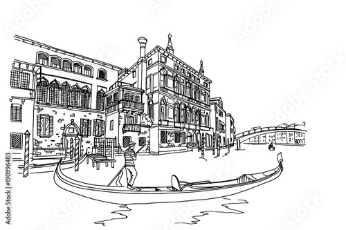 Vector sketch of scene in Venice with channel, gondola and architecture.