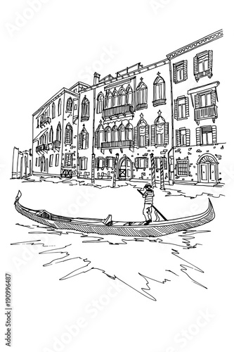 Vector sketch of scene in Venice with channel, gondola and architecture.