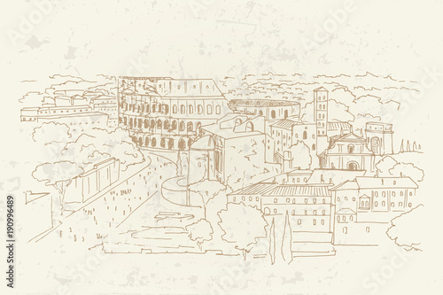 Vector sketch of The Coliseum or Flavian Amphitheatre  Rome  Italy.