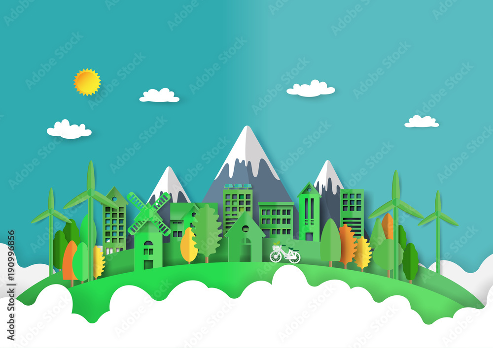 Green eco friendly and cityscape abstract background.Paper art of ecology and environment conservation creative idea concept design.Vector illustration.