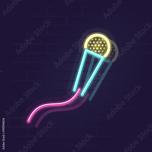 Neon microphone. Night illuminated wall standup or karaoke party sign or logo. Isolated line art style illustration on brick wall background.