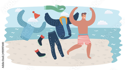 Happy man on holiday running take off his clothes to the waterline of sea on seacoast. Traveling illustration for your design.