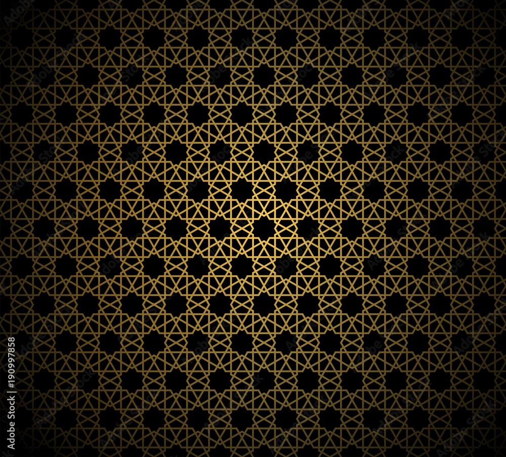 Abstract gold pattern geometric of Islamic, Arabesque ornament on black background. Seamless Vector illustration.