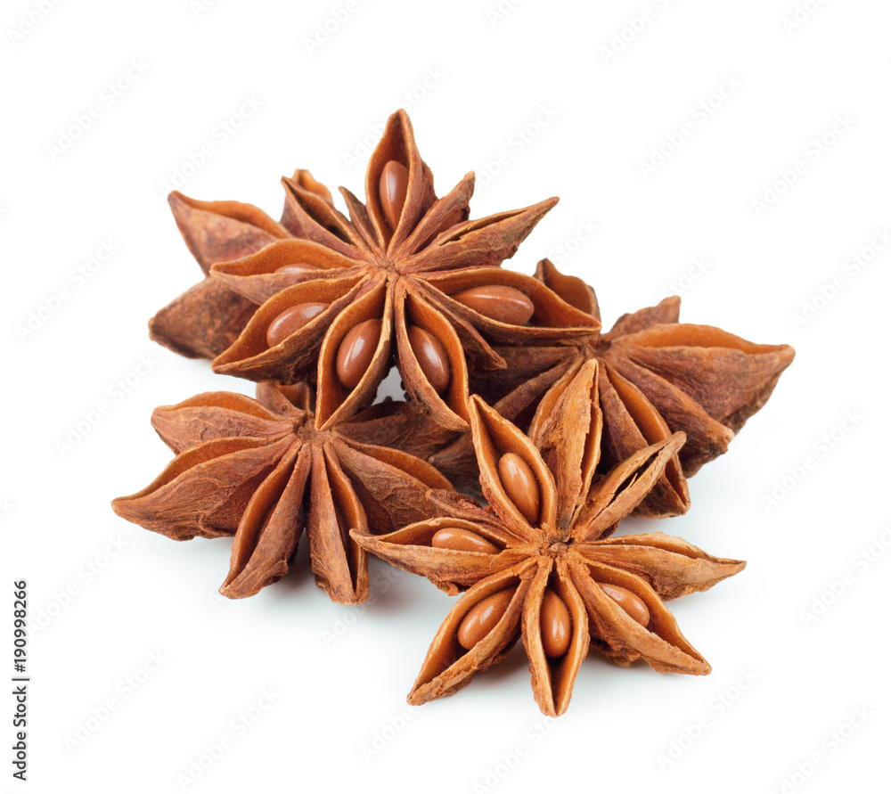 Star anise spice fruits and seeds isolated on white background Star anise spice fruits and seeds isolated on white background