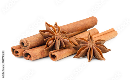 Cinnamon sticks with spice anice isolated on white background.