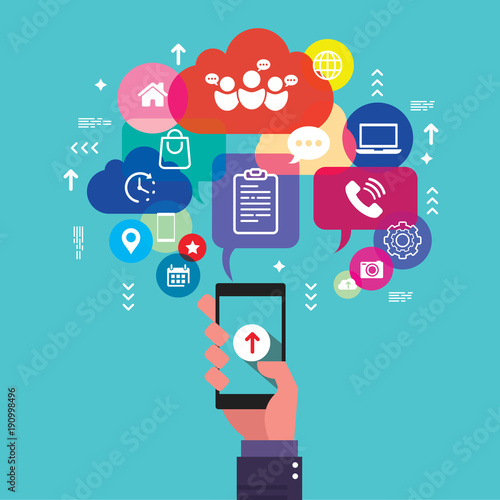 Business hand holding mobile phone with icons. Application abstract network