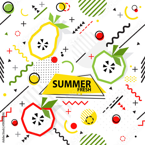 Trendy seamless, Memphis style apple, pear geometric pattern, vector