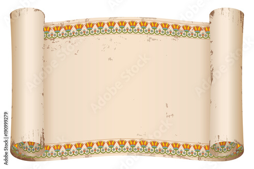 Ancient Egyptian papyrus with national colored ornament. Old beige paper with the aging effect isolated on white background.