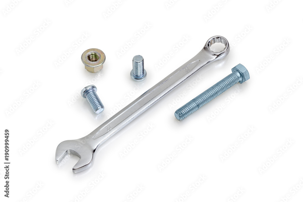 Combination wrench and bolt, screws, nut on a white background Combination wrench and bolt, screws, nut on a white background