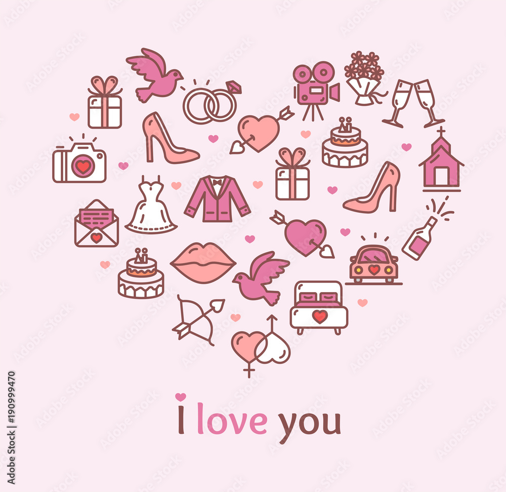 Love Concept Heart Shape Design Template Thin Line Icon Set. Vector Love Concept Heart Shape Design Template Thin Line Icon Set. Vector