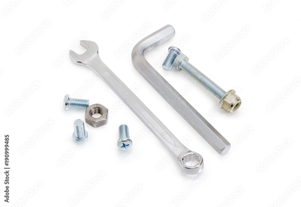 Combination wrench and hex key among of bolts, screws, nuts Combination wrench and hex key among of bolts, screws, nuts