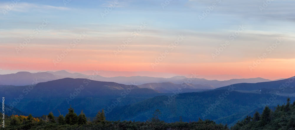 Panorama of the Carpathian Mountains at sunset