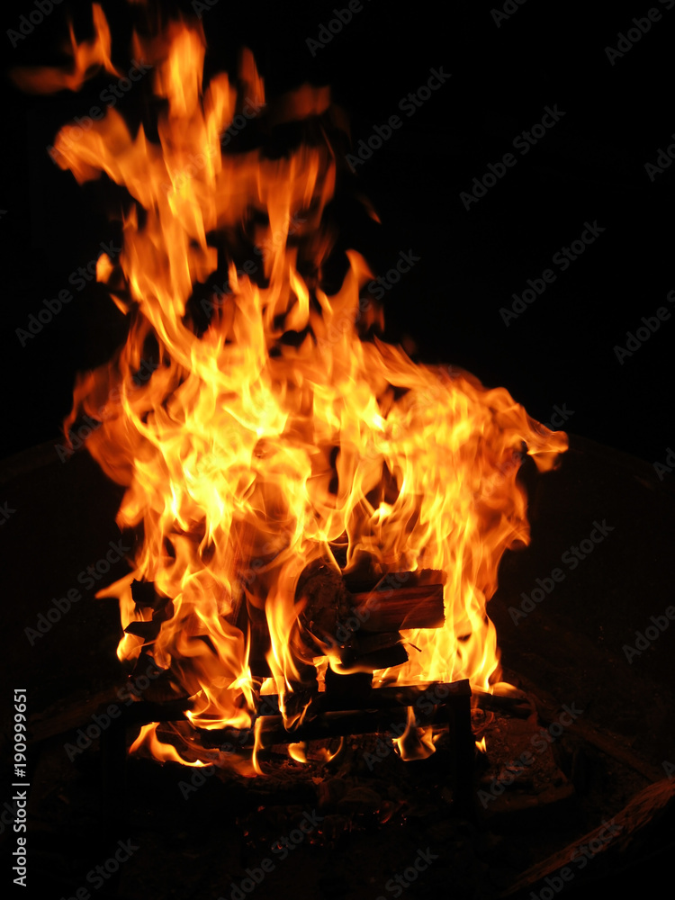 Firewood burns in the bonfire. Red fire flames of hell against a black background.