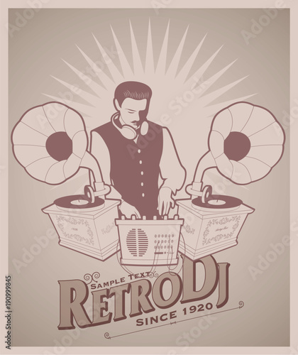 DJ retro style with mustache, vest, bow tie and headphones around the neck. Vintage gramophones and title of old-style lettering.