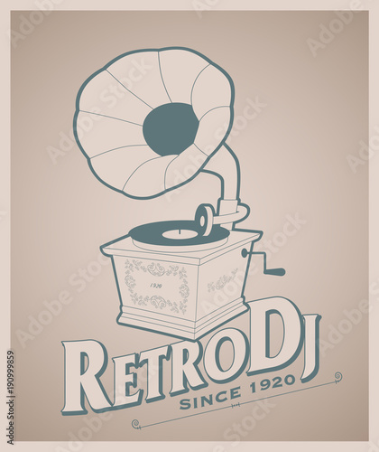 Vintage gramophone and title of old-style lettering.