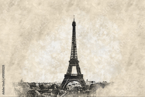 Fototapeta Naklejka Na Ścianę i Meble -  Pen and ink sketch of the Eiffel Tower, Paris