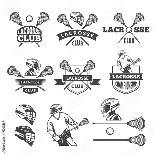 Labels of lacrosse club. Vector monochrome pictures set