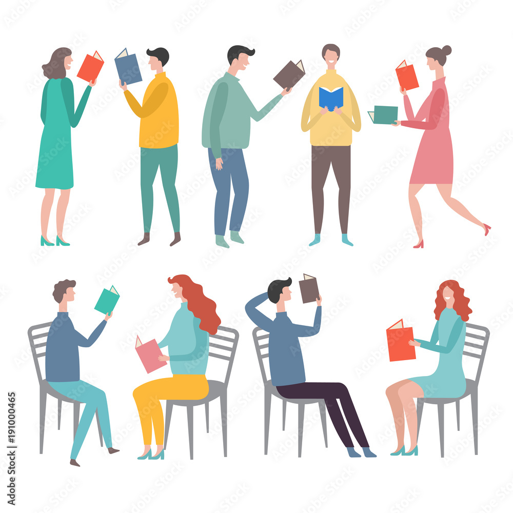 Fototapeta premium Funny characters male and female standing and reading books. Stylized vector illustrations in flat style