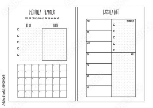 Weekly planner, monthly planner printable pages. Vector organizer template.